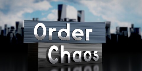 Fototapeta premium Order, chaos - metal blocks and skyscrapers - 3D illustration
