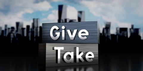 Fototapeta premium Give, take - metal blocks and skyscrapers - 3D illustration