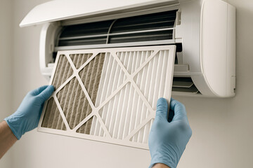 Technician replacing dirty air filter in wall-mounted air conditioner, gloved hands showing clean vs clogged sections. HVAC maintenance, indoor air quality, energy-efficiency concept.
