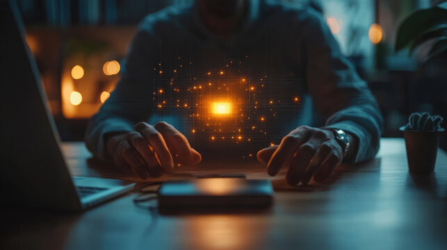 Man Interacting with Holographic AI. A person interacts with a holographic AI companion, with glowing lights around them.