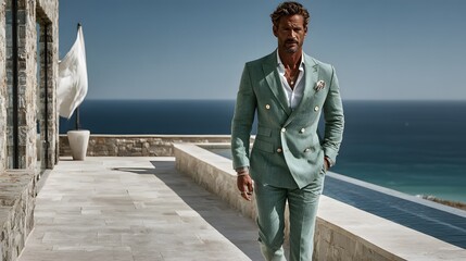 Eleganter Mann in türkisfarbenem Anzug auf mediterraner Terrasse mit Blick auf das Meer
