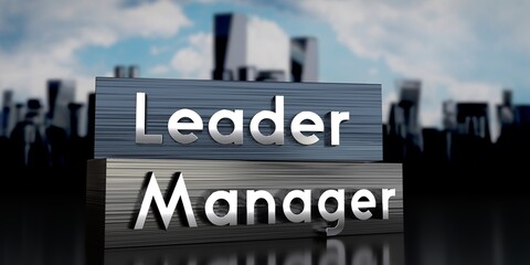 Fototapeta premium Leader, manager - metal blocks and skyscrapers - 3D illustration