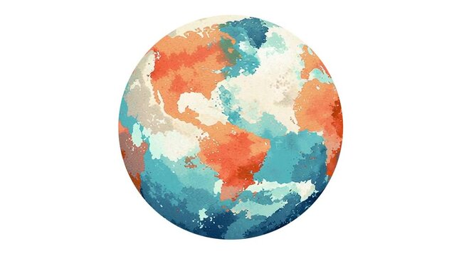 2d painted earth planet textured illustration, hand-drawn watercolor brushes style, soft pastel colors sphere circle geography shape, artistic digital painting abstract geographic world map