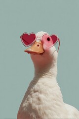 A stylish duck sporting pink heart sunglasses against a pastel background, adding a playful and trendy vibe.