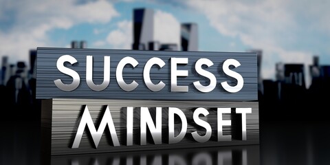 Fototapeta premium Success, mindset - metal blocks and skyscrapers - 3D illustration