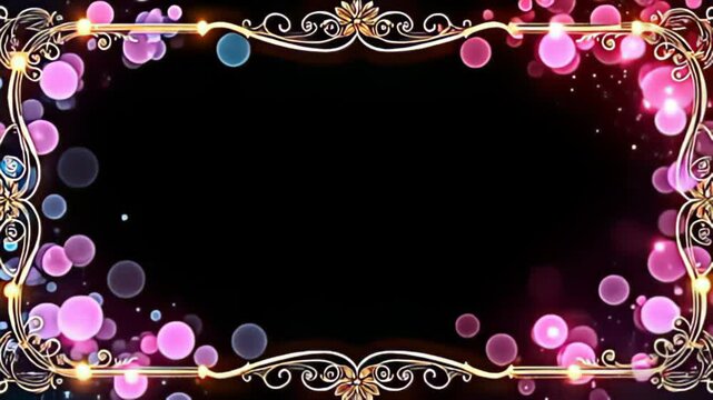 Against a pure black background, an Elegant golden Border Frame made of light filigree takes center stage, enveloped by luminous orbs of turquoise and fuchsia that drift and shimmer, their