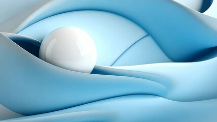 White sphere elegantly rolls through undulating blue waves in a seamless, fluid motion. The abstract scene evokes calm and creativity with clean, smooth lines - Powered by Adobe