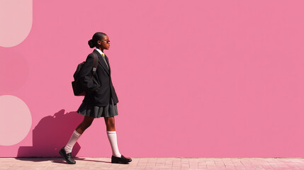 A charming dark-skinned schoolgirl in uniform walks confidently, carrying a backpack, set against a stylish pink background.










