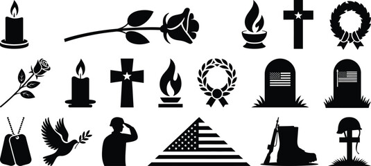 A large set of memorial day and funeral tribute silhouette vector icons, including cross, grave, candle, flag, and soldier.