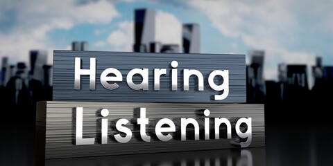 Fototapeta premium Hearing, listening - metal blocks and skyscrapers - 3D illustration