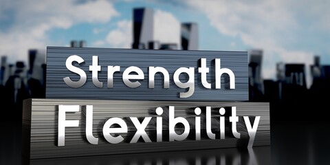Fototapeta premium Strength, flexibility - metal blocks and skyscrapers - 3D illustration