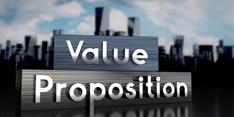 Fototapeta premium Value, proposition - metal blocks and skyscrapers - 3D illustration