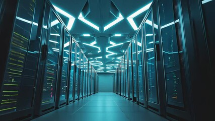 Modern server racks with vibrant led lights in a high-tech, illuminated data center hallway, showcasing advanced digital infrastructure - Powered by Adobe