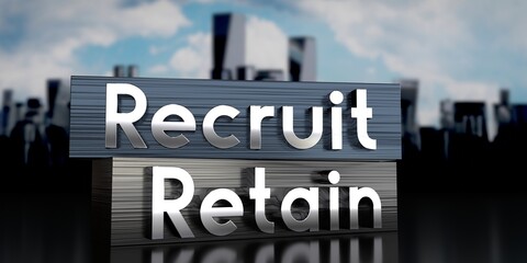 Recruit, retain - metal blocks and skyscrapers - 3D illustration
