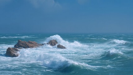 Majestic ocean waves crash against rocky shore. Neural network AI generated