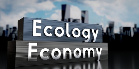 Fototapeta premium Ecology, economy - metal blocks and skyscrapers - 3D illustration