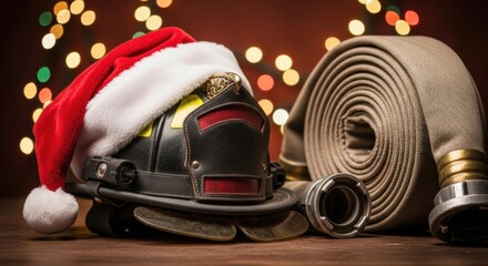 Firefighter Helmet with Santa Hat and Hose for the Holidays