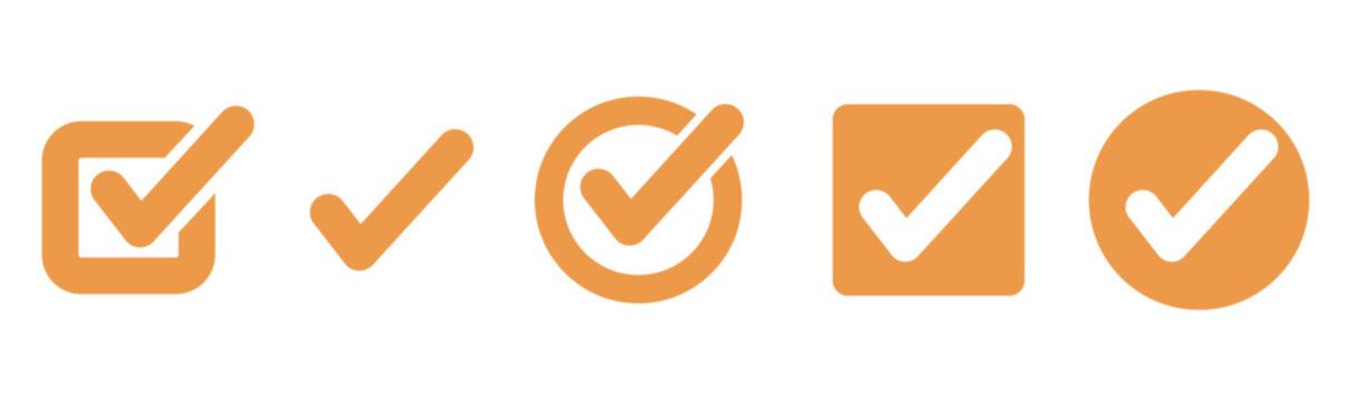 Vector Checklist. Checklist Icons Collection. Flat Design Orange Tick Marks in Circle and Square. Modern Flat Checkmark Symbol Set. Set of Flat Style Orange Check Mark