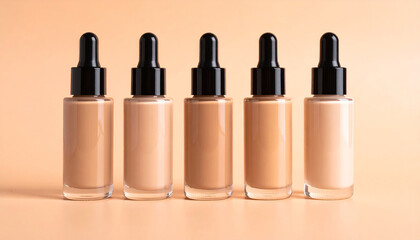 Obraz premium Foundation bottles arranged by skin tone on gradient background. Diversity in beauty.