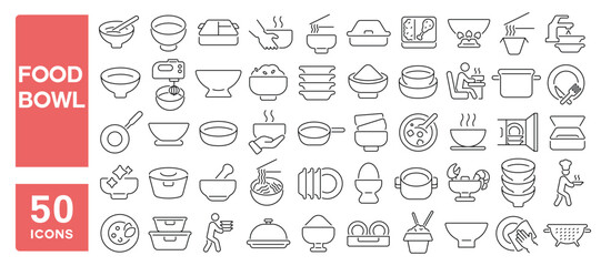 Set of 50 line icons related to food bowl, pot, tableware, dish, plate, bowl, Editable stroke. Vector illustration