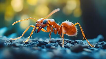 Close up view of a vibrant red ant on textured ground showcasing intricate details
