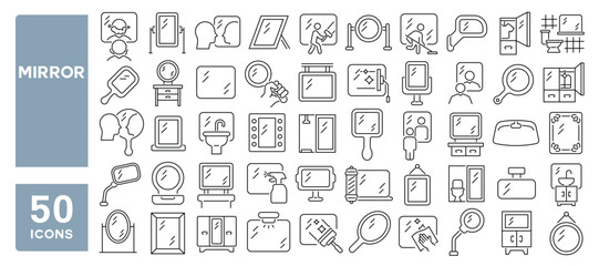 Set of 50 line icons related to mirror, reflection, shiny, frame, glass, hand mirror, Editable stroke. Vector illustration