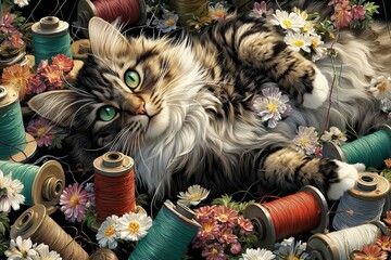 fluffy cat tangled playfully in a garden of spools and threads, flowers blooming from the fabric itself
