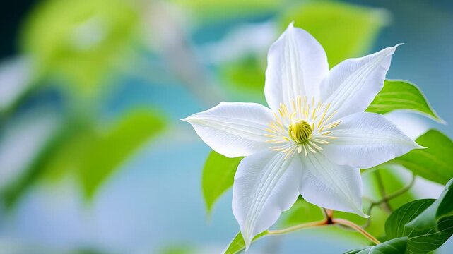 White clematis flower with green leaves blooming on a blue background