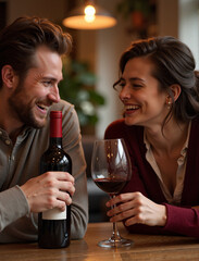 Young couple enjoying red wine, sharing moments over a bottle. Romantic couple shares moments tasting the deep flavors. Wine evokes joy as loving couple sharing moments,