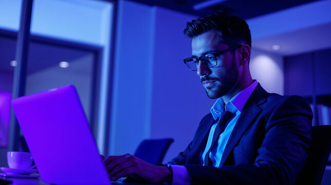 Businessman using a laptop while working late in his office