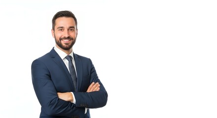 Confident businessman in a navy suit, arms crossed, smiling directly at the camera.