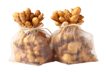 Fresh Ginger Roots in Mesh Bags, Organic Produce, Healthy Spice