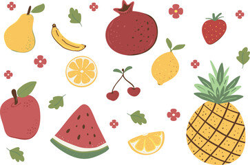 Fruit vector flat illustration. Colorful set illustration of assorted produce including strawberry, banana, watermelon, and apple
