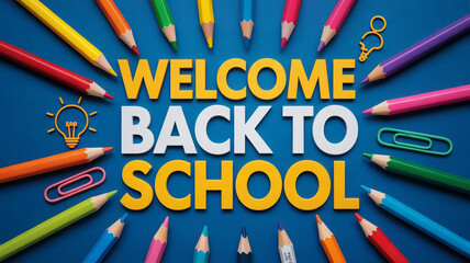 Welcome back to school message surrounded by colorful pencils and school supplies