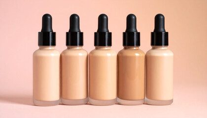 Obraz premium Foundation bottles arranged by skin tone on gradient background. Diversity in beauty.