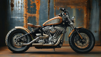 Side view of vintage motorcycle with exposed engine parked indoors against rusted metal wall