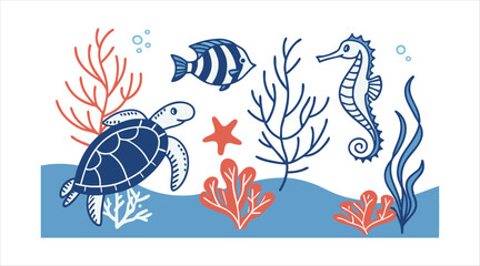 Features sea life including fish, coral, seaweed, and classic nautical creatures.

