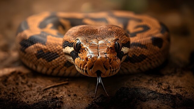 Close up of a Stunning Brown and Black Python Snake on the Ground A Detailed Image of a Reptile's Head and Scales