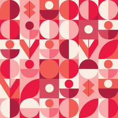 Contemporary seamless pattern with simple geometric shapes in pink and red colors. Stylish abstract background in Scandinavian style for print, design, fabric. Vector illustration