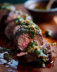 Juicy slices of grilled beef topped with vibrant chimichurri sauce, served on a wooden cutting board for a gourmet meal.