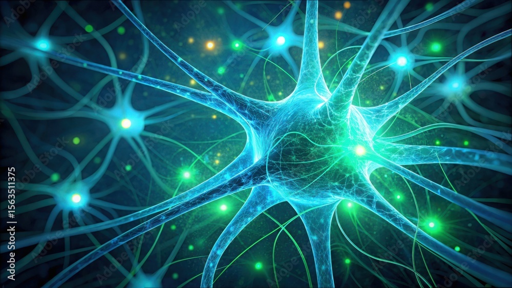 Poster close-up of light particles in healing neurons for brain health