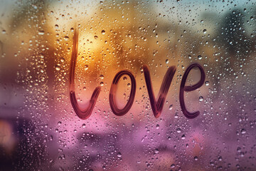 Love text drawn on foggy glass with water droplets and sunlight shining through