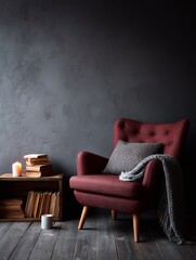 Warm and inviting reading nook featuring a red armchair, wooden bookcase, candlelight, and a knitted throw for relaxation.