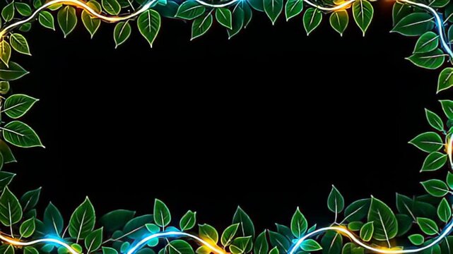 Surrounded by a pure black field, an Organic leaf Border Frame woven with glowing vines gently oscillates, enlivened by shimmering hues that glide smoothly along its contours, creating an