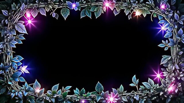 A mesmerizing scene unfolds as Organic leaf Border Frame woven with glowing vines elegantly encases an empty center, while vibrant, swirling neon lights dance around the frame, casting