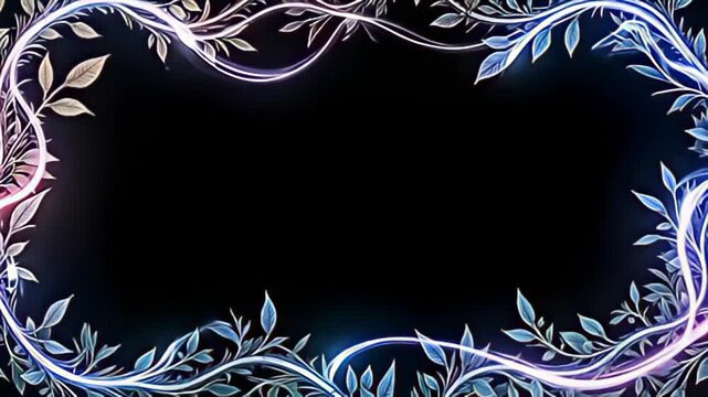 Picture an intricate Organic leaf Border Frame woven with glowing vines, bordered by ethereal trails of soft pastel colors that flow gracefully, like a gentle breeze, around the frame,