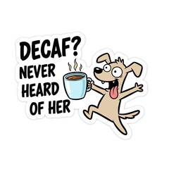  Hyperactive Dog with Coffee and "Decaf? Never Heard of Her" Slogan