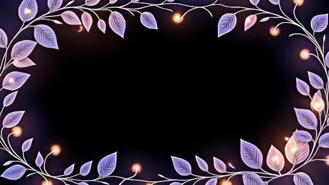 Conceive an elegant Organic leaf Border Frame woven with glowing vines, where soft, romantic hues of lavender and cream glide effortlessly around the frame, creating a fluid motion that