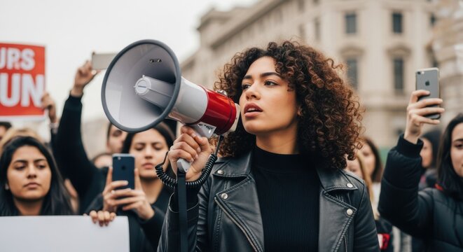 Woman leading a protest with a megaphone and diverse crowd holding signs and phones - Powered by Adobe