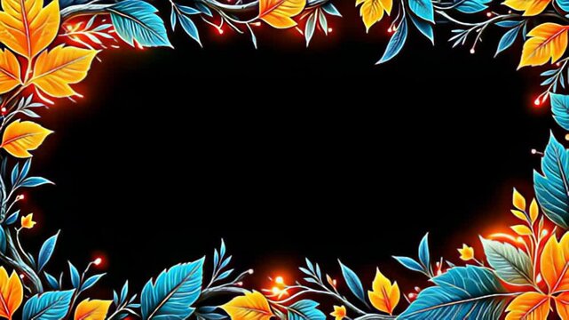 Imagine an abstract Organic leaf Border Frame woven with glowing vines, where vibrant geometric shapes in shades of orange and turquoise spiral energetically around the frame, creating a